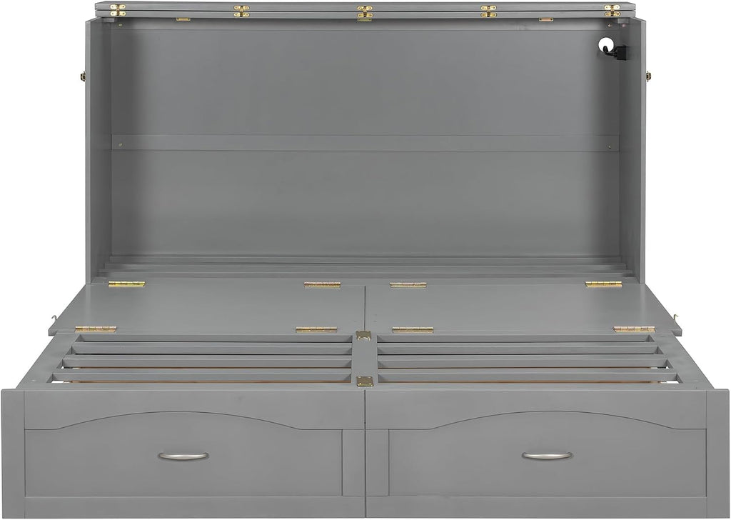 Queen Size Murphy Bed Wall Bed with Storage Drawer and a Set of Sockets & USB Ports, Space-Saving for Multipurpose Guest Room or Home Office, Gray