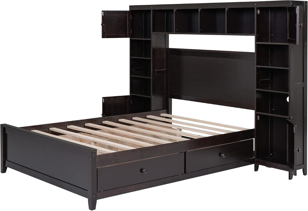 Merax Full Size Wooden Bed with All-in-One Cabinet and Shelf, White Modern Platform Bed Frame with 4 Storage Drawers for Bedroom and Apartment