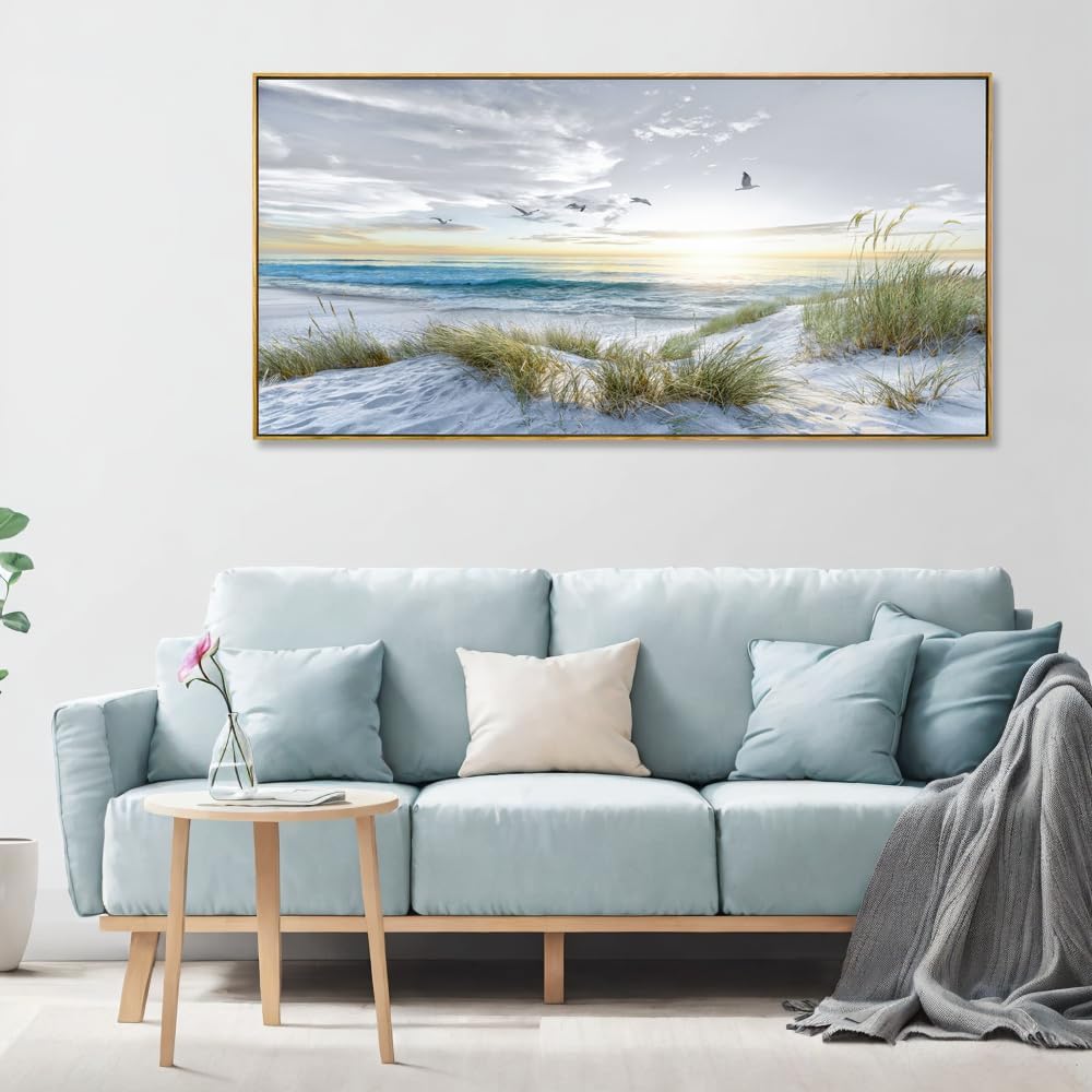 Canvas Prints Wall Art Beach Sunrise Ocean Waves Beach Grass Nature Pictures Stretched Canvas Wooden Framed for living Room Bedroom and Office Home Decor 30'x60' with Framed