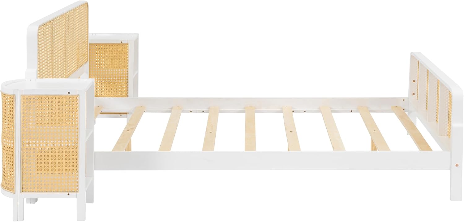 3-Pieces Bedroom Furniture Sets,Full Size Rattan Platform Bed with 2 Nightstands, Perfect for Teens Adults (White/Rattan, Full)