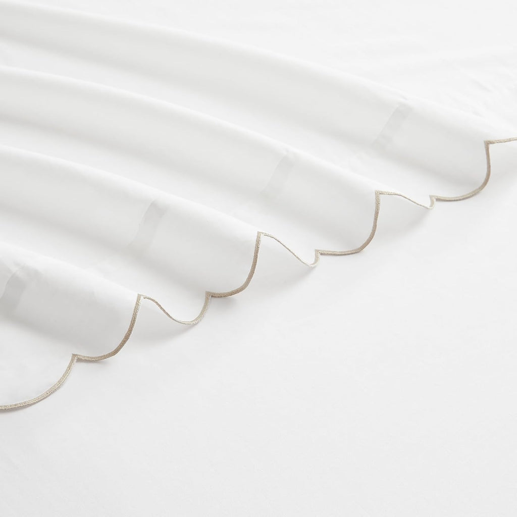 Lush Decor Coastal Chic Scalloped Edge Cotton Sheet Set 4 Piece Set King Neutral - White Sheets - Scallop Trim - Bed Sheets - Coastal Decor
