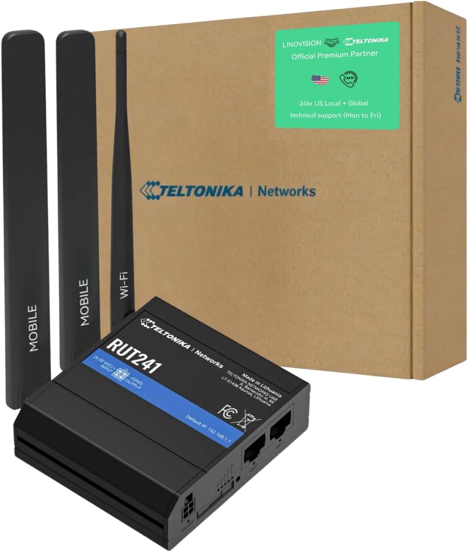 LINOVISION Teltonika RUT241098000 (US Version) Industrial 4G LTE Cellular Router, 4G LTE Wi-Fi Router, Automatic failover, Advanced VPN, Certified by Verizon/AT&T/T-Mobile