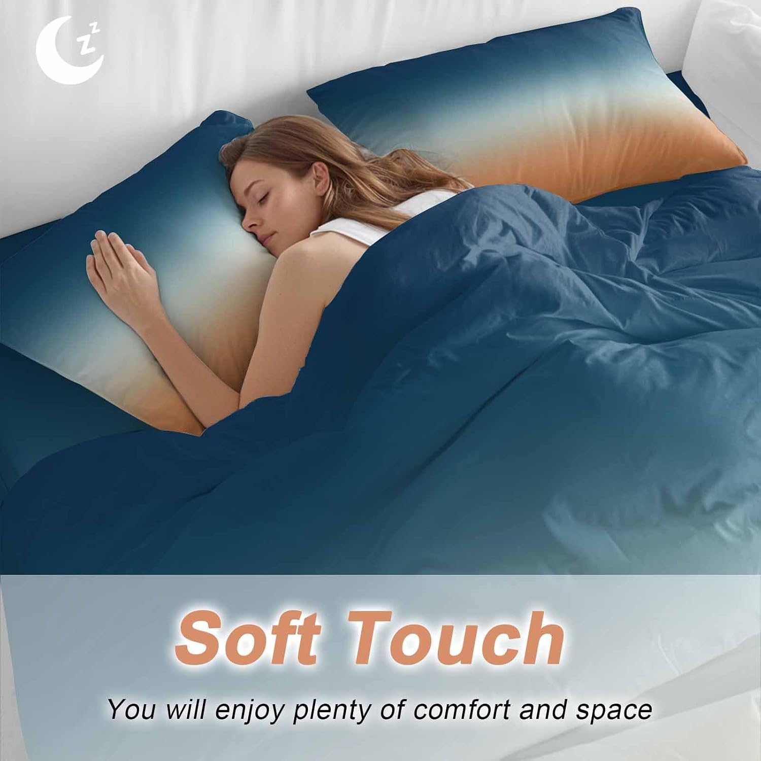 Prime Leader Gradient Blue Duvet Cover Set Queen Size 4 Pieces Modern Minimalist Orange Blue Ocean Beach Bedding Set with Zipper Closure, 1 Comforter Cover 86x86 Inches 1 Flat Sheet & 2 Pillow Cases