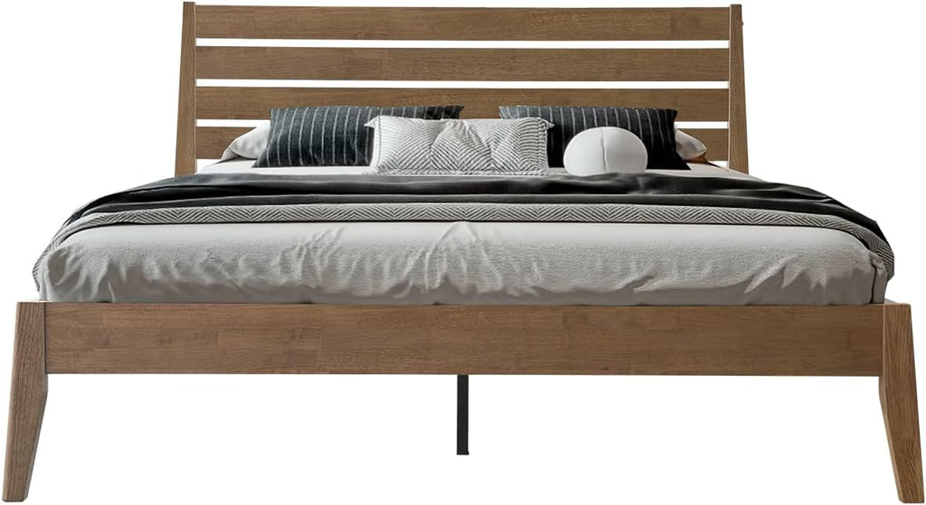 Queen Size Bed Frame, Solid Wood Platform Bed with Headboard & Footboard, Center Metal Legs, 12 Strong Slatted Base, No Box Spring Needed, Anti-Noise & Slip-Free Easy Assembly, Barnwood Finish RKQ-30
