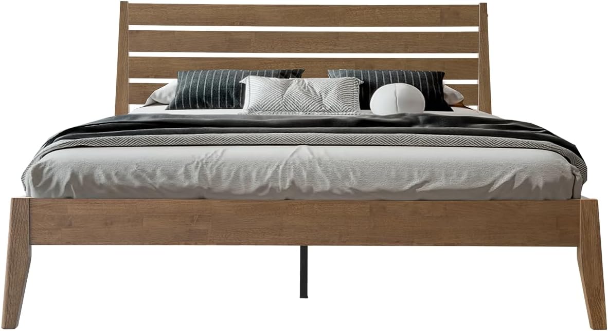 Queen Size Bed Frame, Solid Wood Platform Bed with Headboard & Footboard, Center Metal Legs, 12 Strong Slatted Base, No Box Spring Needed, Anti-Noise & Slip-Free Easy Assembly, Barnwood Finish RKQ-30
