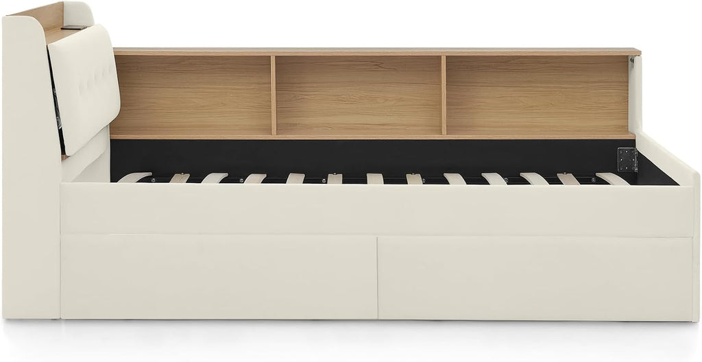 Corner Bed with Desk and Bookcase, LED Lights & USB Ports, Modern Twin Daybed with Storage Underneath Drawers, Soft Velvet Upholstered Day Bed Kids Bedroom Furniture Set Small Places (Beige, Twin)