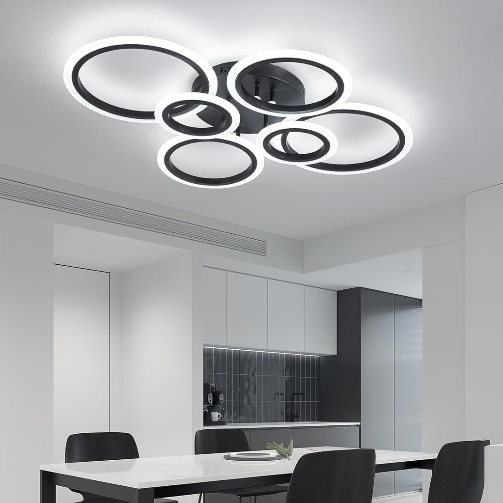 Shine LUEST 6 Rings Black Modern LED Ceiling Light Fixture, Flush Mount Ceiling Light with Remote Dimmable Brightness, Adjustable 3000-6000K Color Temperature, Timer for Living Room, Bedroom