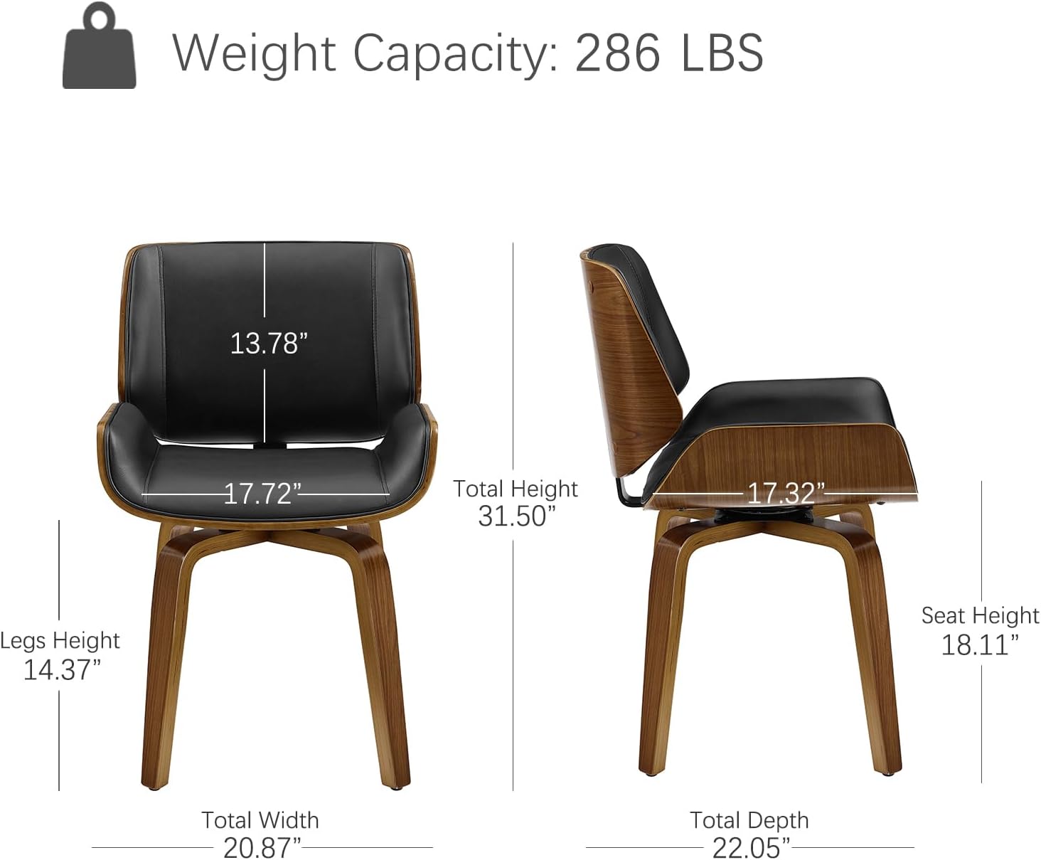 Zouron 360° Swivel Dining Chairs, Mid Century Modern Retro Faux Leather Chair with Walnut Bentwood Legs, Kitchen Dining Room Chairs with Upholstered Seat, (Set of 4, Black)
