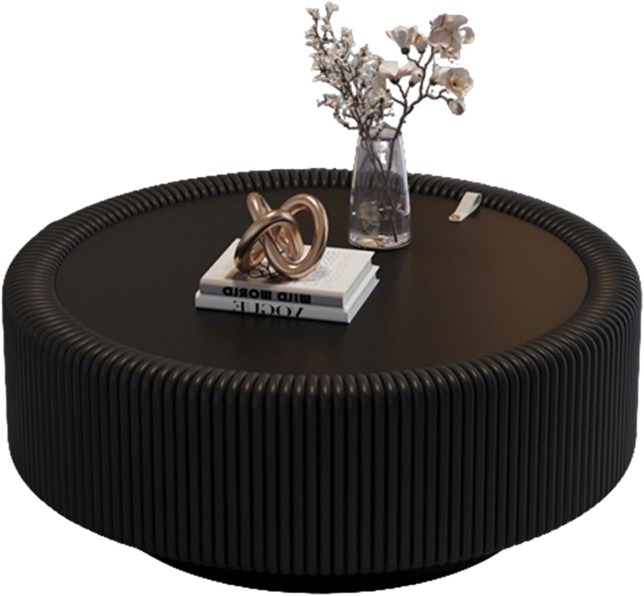 31.5' Black Round Fluted Coffee Table with Hidden Storage, Drum Coffee Table with Tempered Glass Top, PU Leather Body, Baked Enamel Metal Base, Modern Minimalist Circle Tea Table