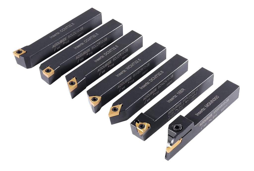 Accusize Industrial Tools 5/8' Shank 7-Piece Indexable Turning Tool Set with Extra Inserts, TiN-Coated C6 for Steel, 2387-2005PLUS