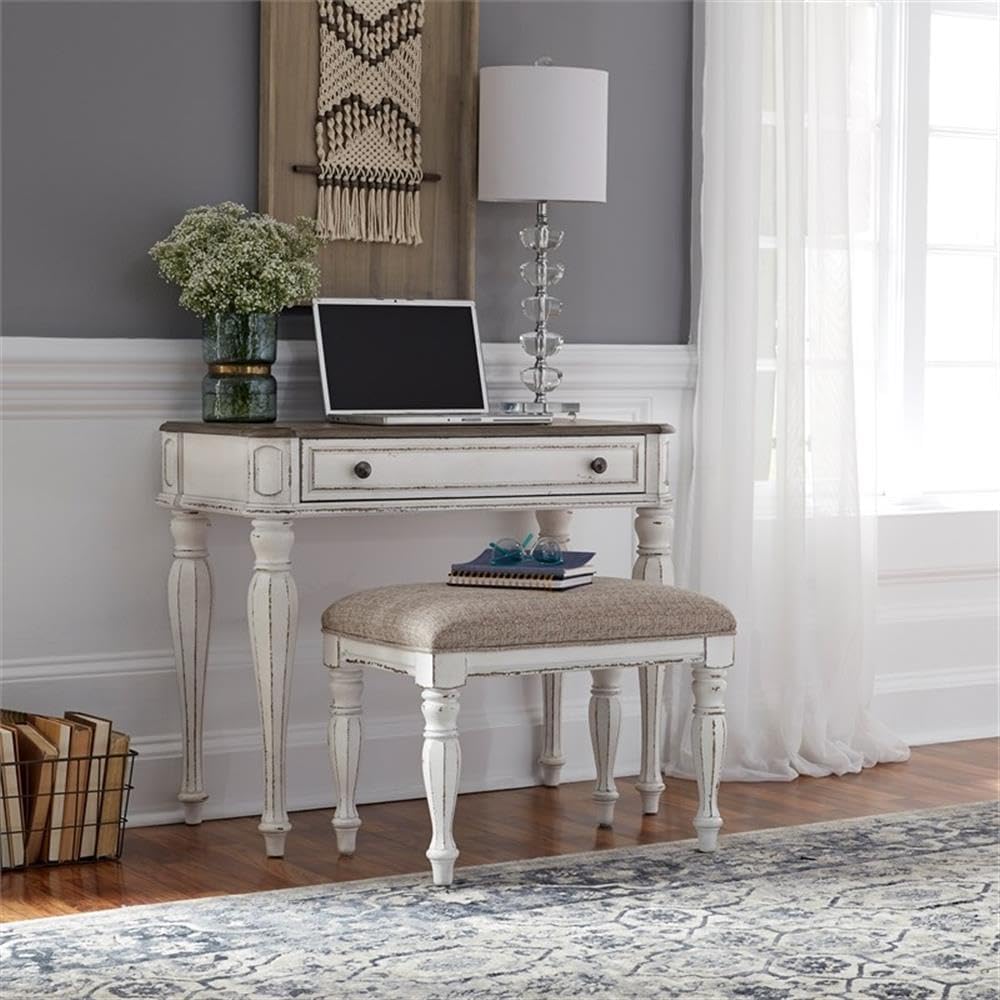 Liberty Furniture Magnolia Manor Makeup Vanity Accent Desk Set with Upholstered Bench European Traditional - Antique White & Weathered Bark