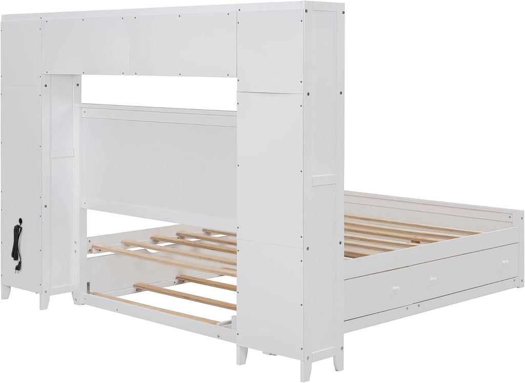 Merax Full Size Wooden Bed with All-in-One Cabinet, White Platform Bed Frame with 2 Drawers, Trundle and Sockets