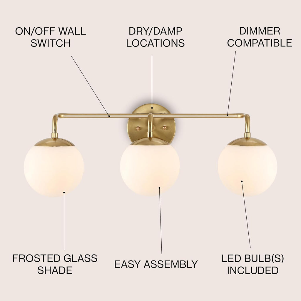 JONATHAN Y 25' Gold Painting Modern Globe Wall Sconce Vanity Light for Bathroom, White Frosted Glass Shade, Midcentury Parisian Bistro Wall Lamp, LED Bulb Included (JYL3536A)