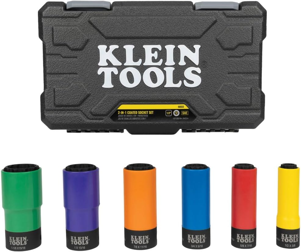 Klein Tools 66033 1/2-Inch Drive SAE Impact Socket Set with 12-Point Deep Sockets, High Visibility, Color Coated, Case Included, 6-Piece