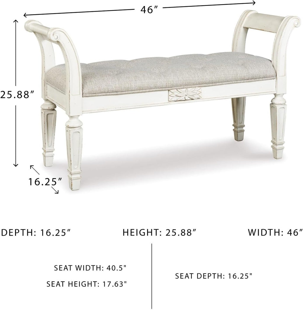 Signature Design by Ashley Realyn French Country Upholstered Tufted Accent Bench with Foam Cushion and Scrolled Arms, Wood Frame, 25.88' High, Antique White