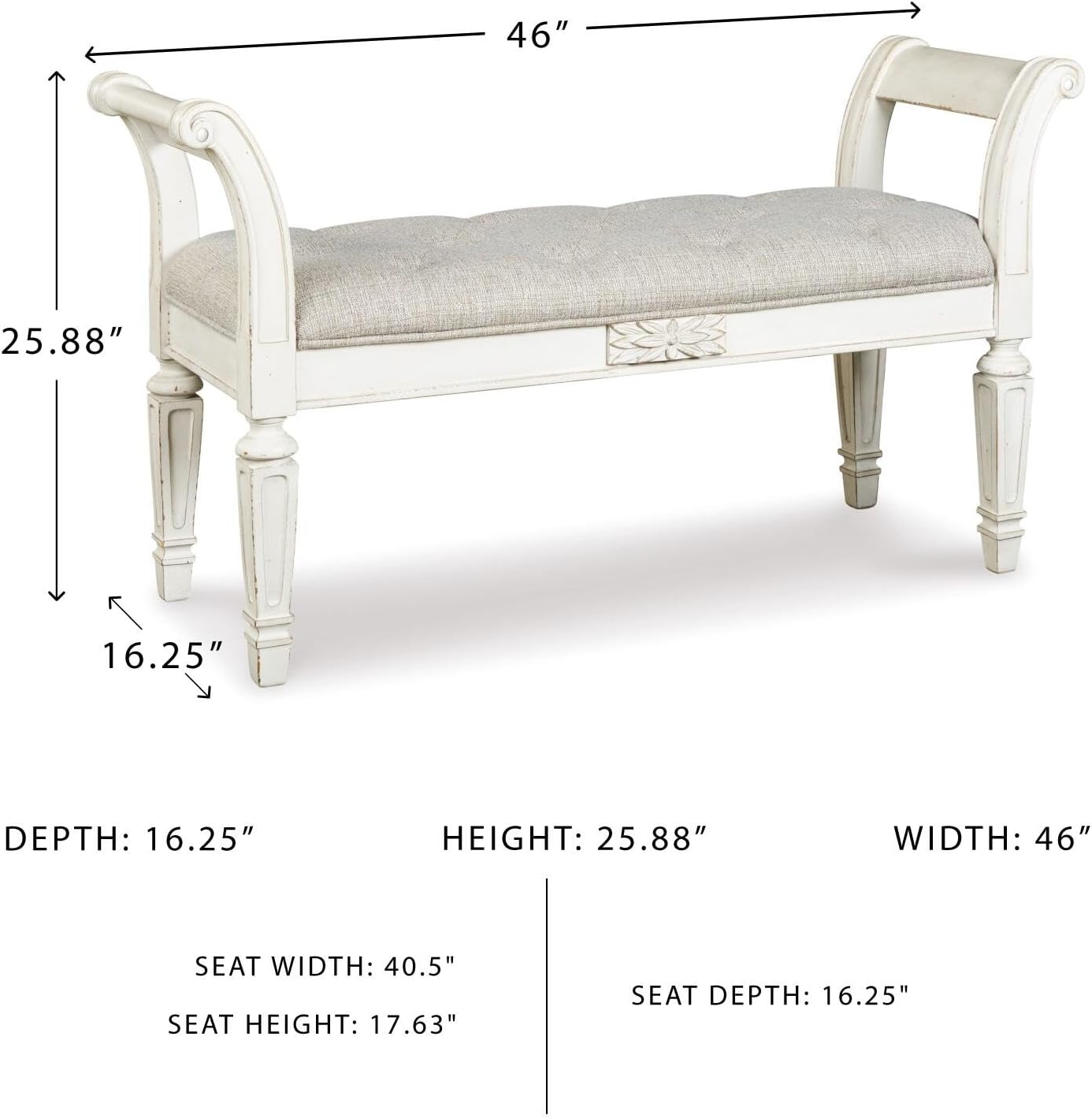 Signature Design by Ashley Realyn French Country Upholstered Tufted Accent Bench with Foam Cushion and Scrolled Arms, Wood Frame, 25.88' High, Antique White