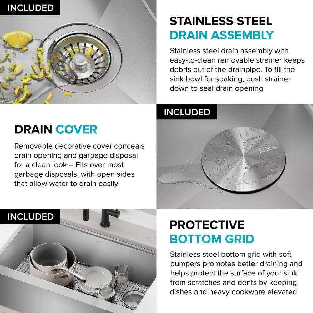 KRAUS Kore 24-Inch Farmhouse Workstation 16 Gauge Single Bowl Stainless Steel Kitchen Sink with Accessories, KWF210-24