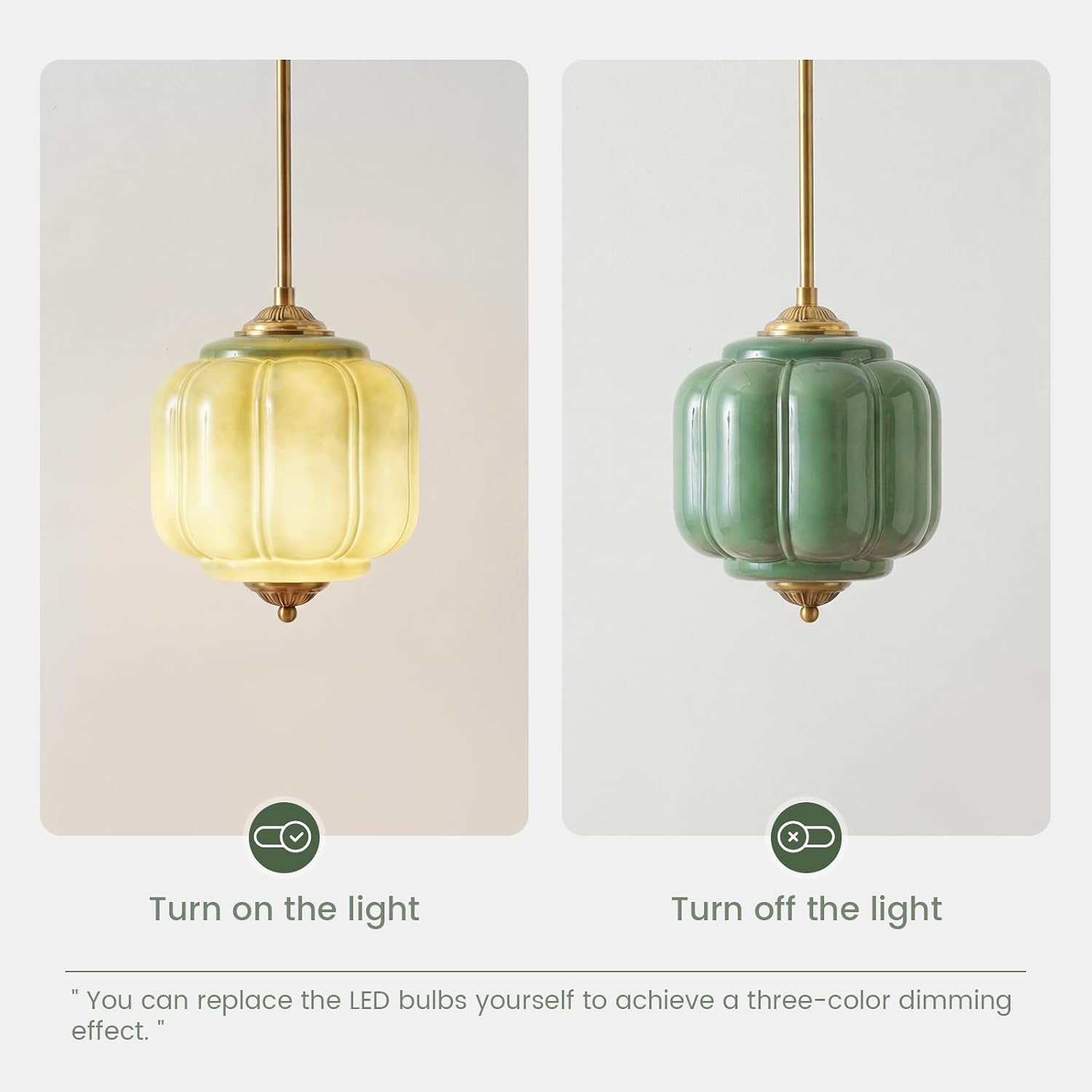 Milk Glass Ceiling Light Fixture - Antique Brass Semi Flush Mount Pendant Light for Kitchen, Hallway, and Bedroom (Green, 9 inch)