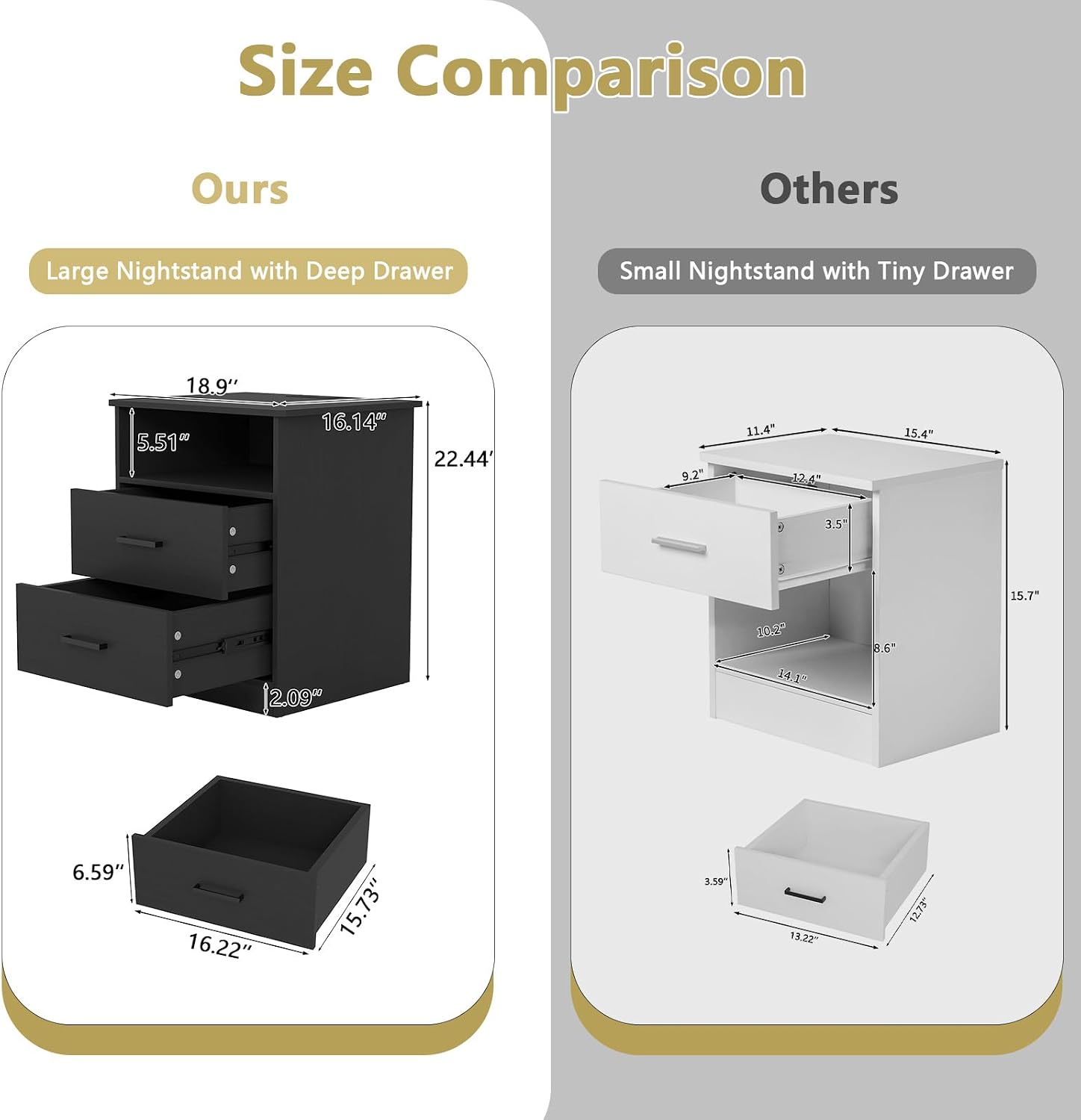 Spaco Black Nightstand Set of 2 with Charging Station,Modern Night Stand Set with 2 Drawers and Open Shelf,Bedside Tables with Storage for Bedroom, End Side Tables for Living Room