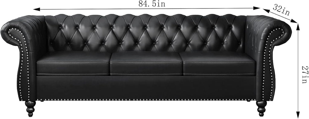 QHITTY Accent Large Sofa, Chesterfield Couch 3 Seater Modern Leather Couch Upholstered Sofa with Tufted Back for Living Room Furniture (Black)