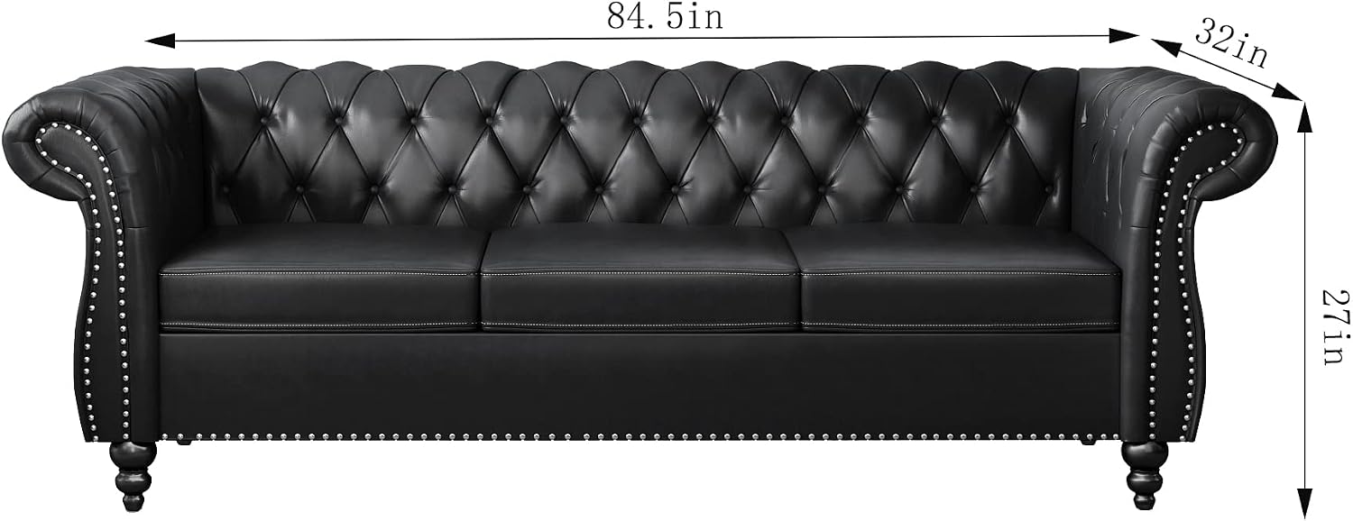 QHITTY Accent Large Sofa, Chesterfield Couch 3 Seater Modern Leather Couch Upholstered Sofa with Tufted Back for Living Room Furniture (Black)