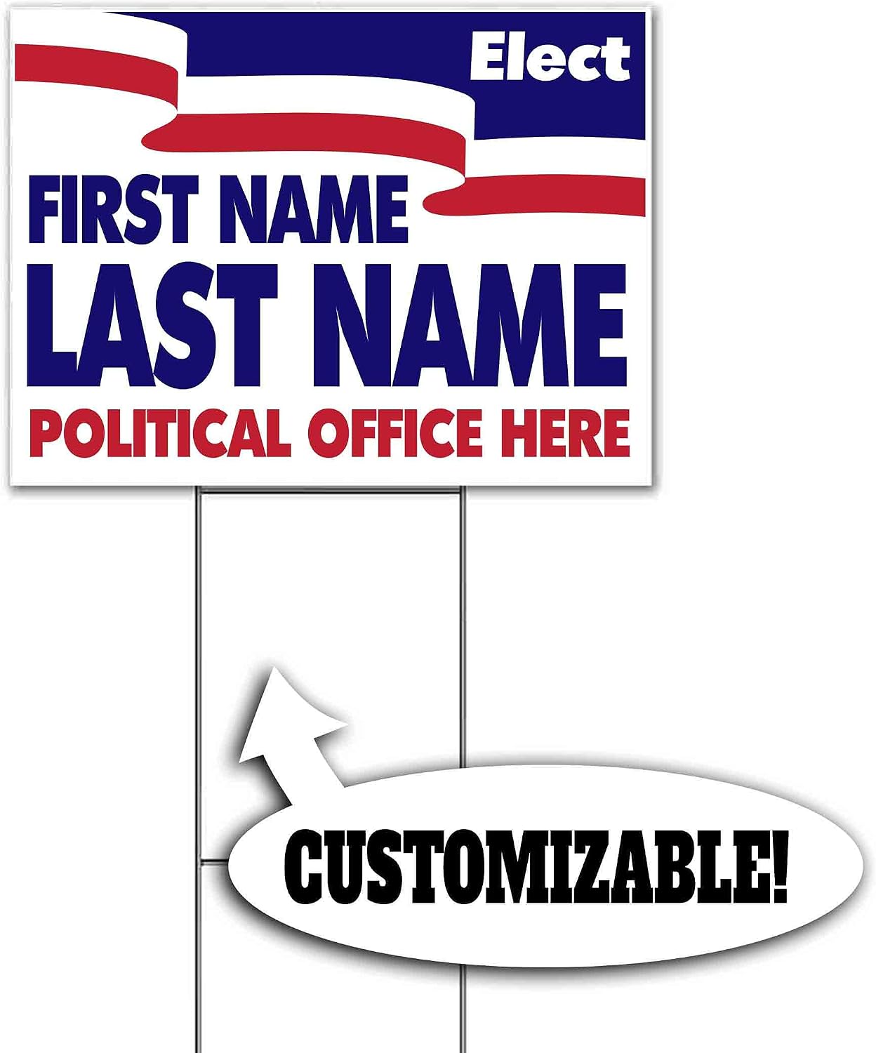 Elect Name Political Office Customizable (18' x 24') Yard Sign, Quantity Discounts, Multi-Packs, Includes Metal Step Stake, Bandit, New, Advertising, USA