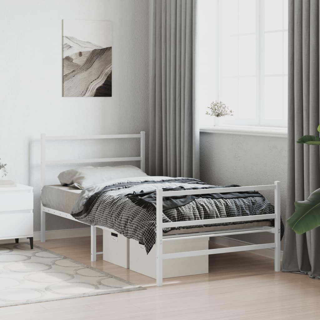 White Steel Twin Bed Frame with Headboard and Footboard, Modern Rectangular Design for Adults and Guests, Sturdy Powder-Coated Metal Construction, Ample Underbed Storage