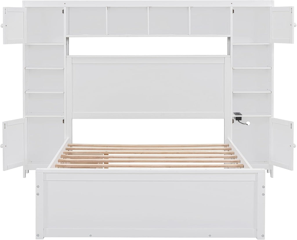 Merax Full Size Wooden Bed with All-in-One Cabinet, White Platform Bed Frame with 2 Drawers, Trundle and Sockets