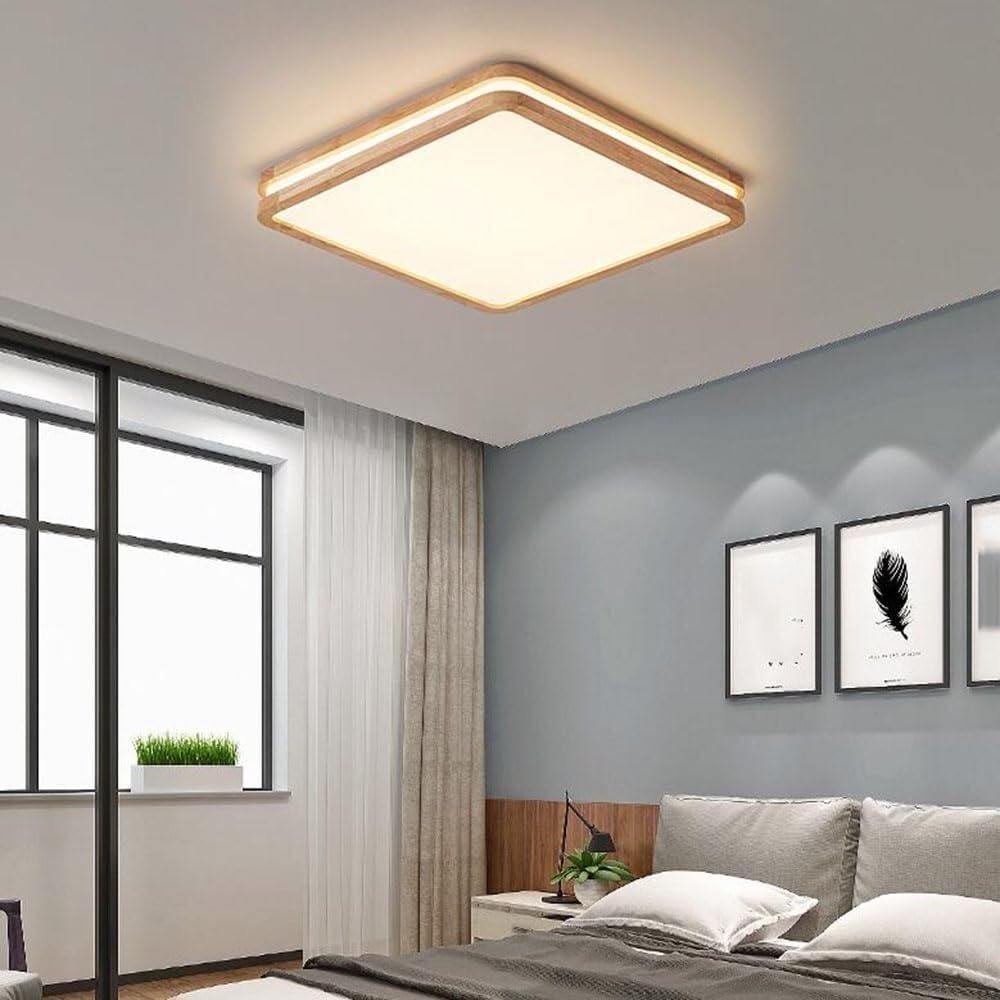 Three-Color Dimming Flat Ceiling Lamp LED Indoor Wooden Square Lighting Ceiling Light Chinese Style Ceiling Light Fixture for Living Room Bedroom Dining Room Kitchen Study Room Corridor
