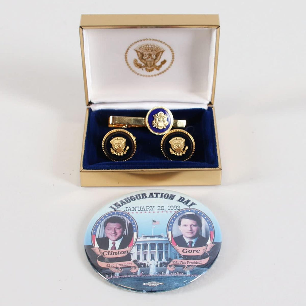 President Bill Clinton Political Lot Incl. VIP Copbalt Cufflinks w/Tie Clip & Inauguration Button Pin