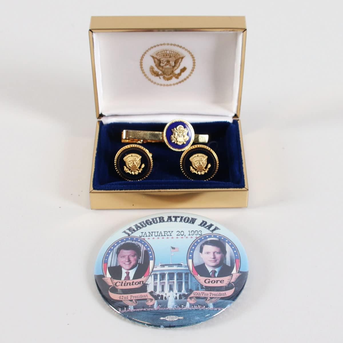 President Bill Clinton Political Lot Incl. VIP Copbalt Cufflinks w/Tie Clip & Inauguration Button Pin