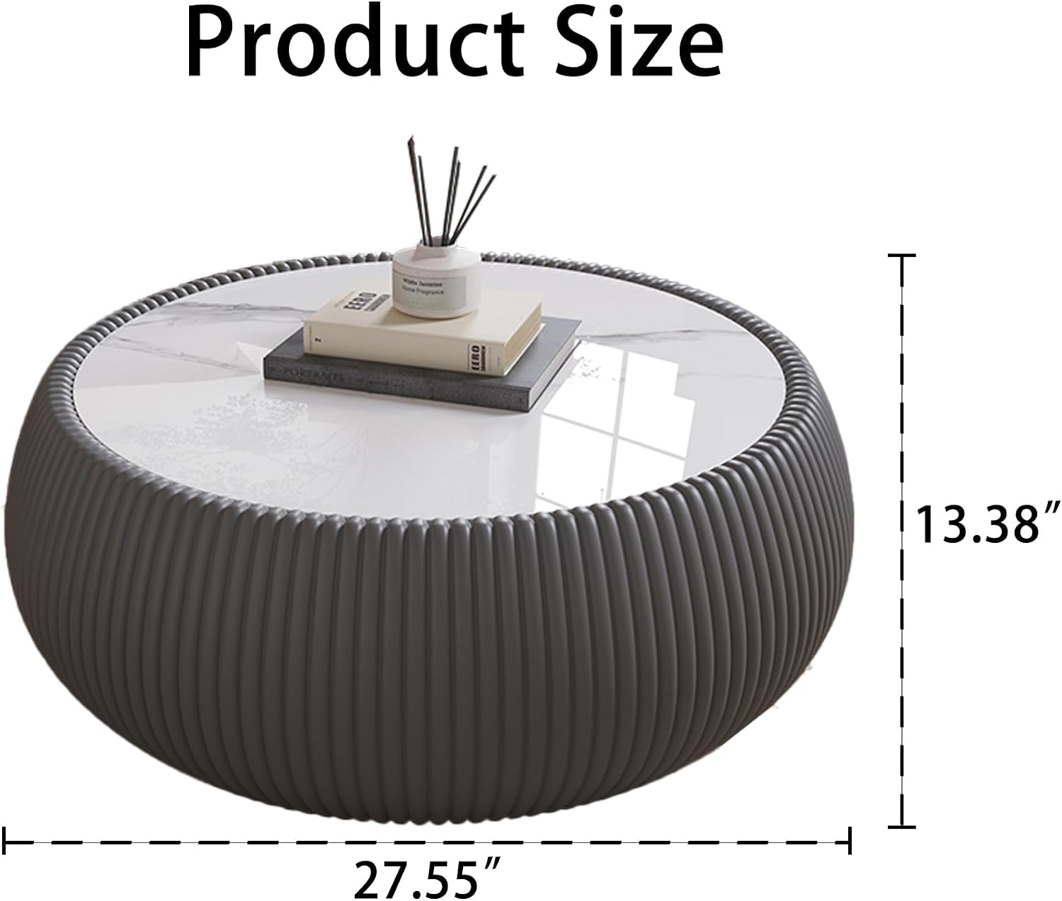 Grey Round Coffee Table, 27.55' Drum Coffee Table with Sintered Stone Tabletop and Fluted PU Leather Covered and Stable Base, Circle Cocktail Tea Table for Living Room