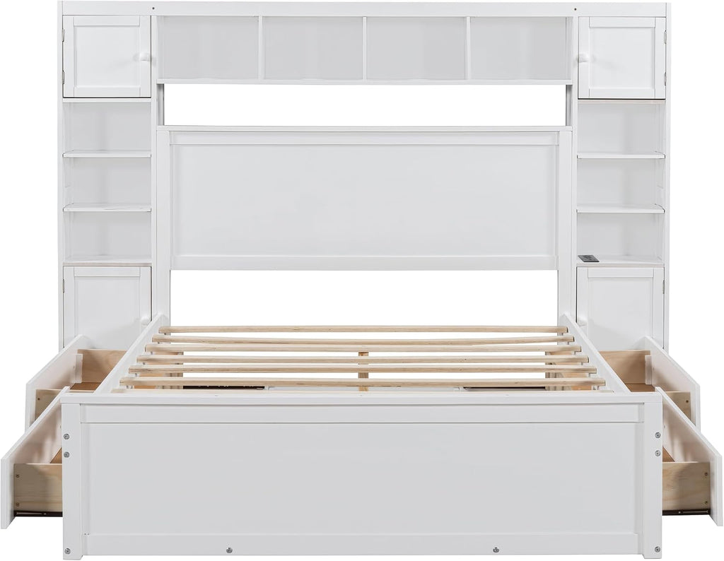 Merax Queen Size Wooden Bed with All-in-One Cabinet, White Platform Bed Frame with 4 Drawers, Shelf and Sockets