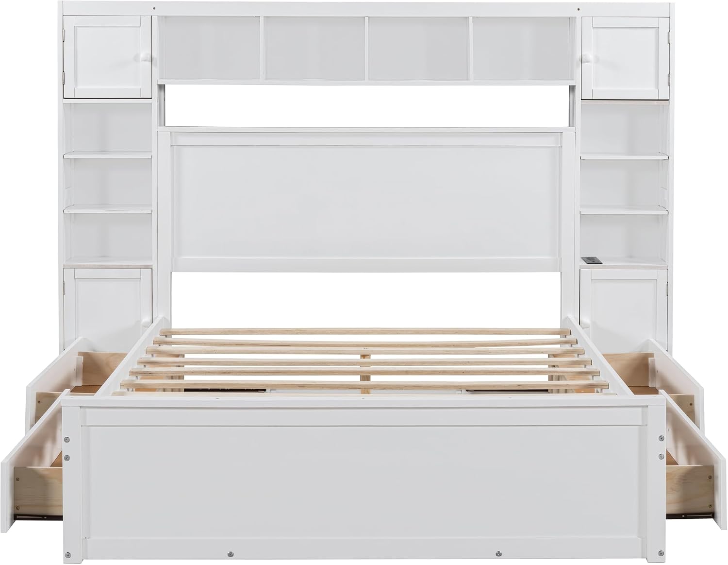 Merax Queen Size Wooden Bed with All-in-One Cabinet, White Platform Bed Frame with 4 Drawers, Shelf and Sockets