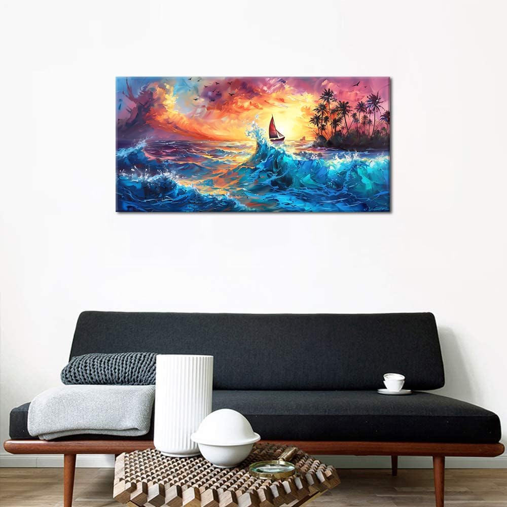 Piy Painting Sailboat Coconut Grove and Blue Waves Under the Sunset Oil Painting Style Wall Art Decor Artwork for Bedroom (30x60 Inches)