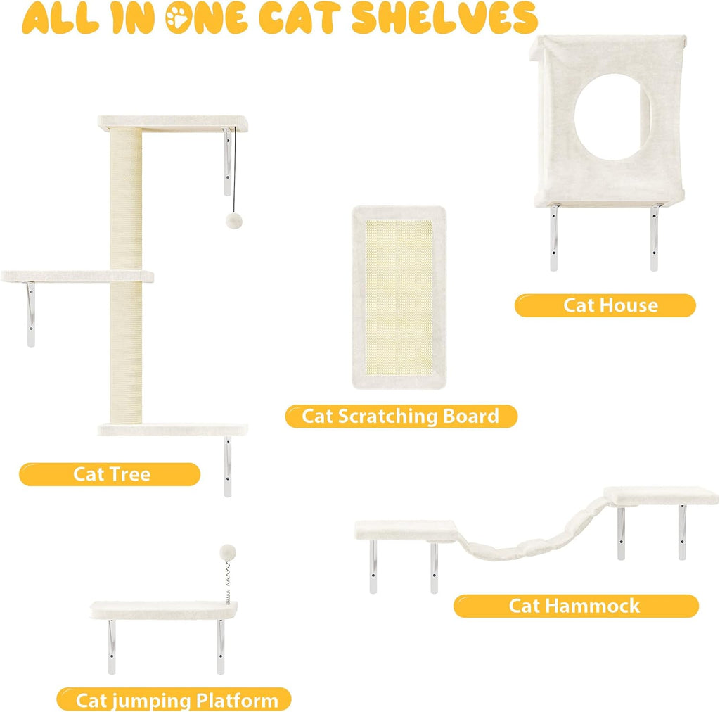 NUNU LAB Cat Wall Shelves, 10-in-1 Wall-Mounted Cat Furniture Set, Large Cat Climber Set with House, Bridge, Steps, Scratcher, DIY Playground, Shelves for Indoor Wall Furniture Set, Beige