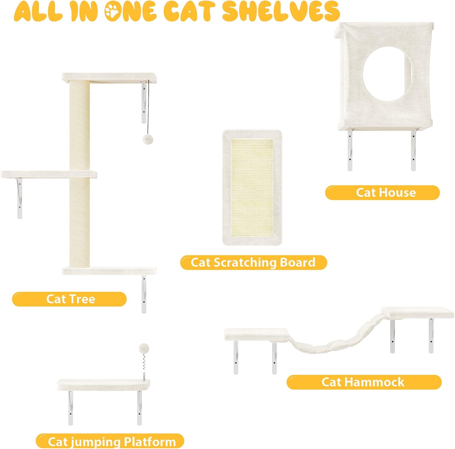 NUNU LAB Cat Wall Shelves, 10-in-1 Wall-Mounted Cat Furniture Set, Large Cat Climber Set with House, Bridge, Steps, Scratcher, DIY Playground, Shelves for Indoor Wall Furniture Set, Beige