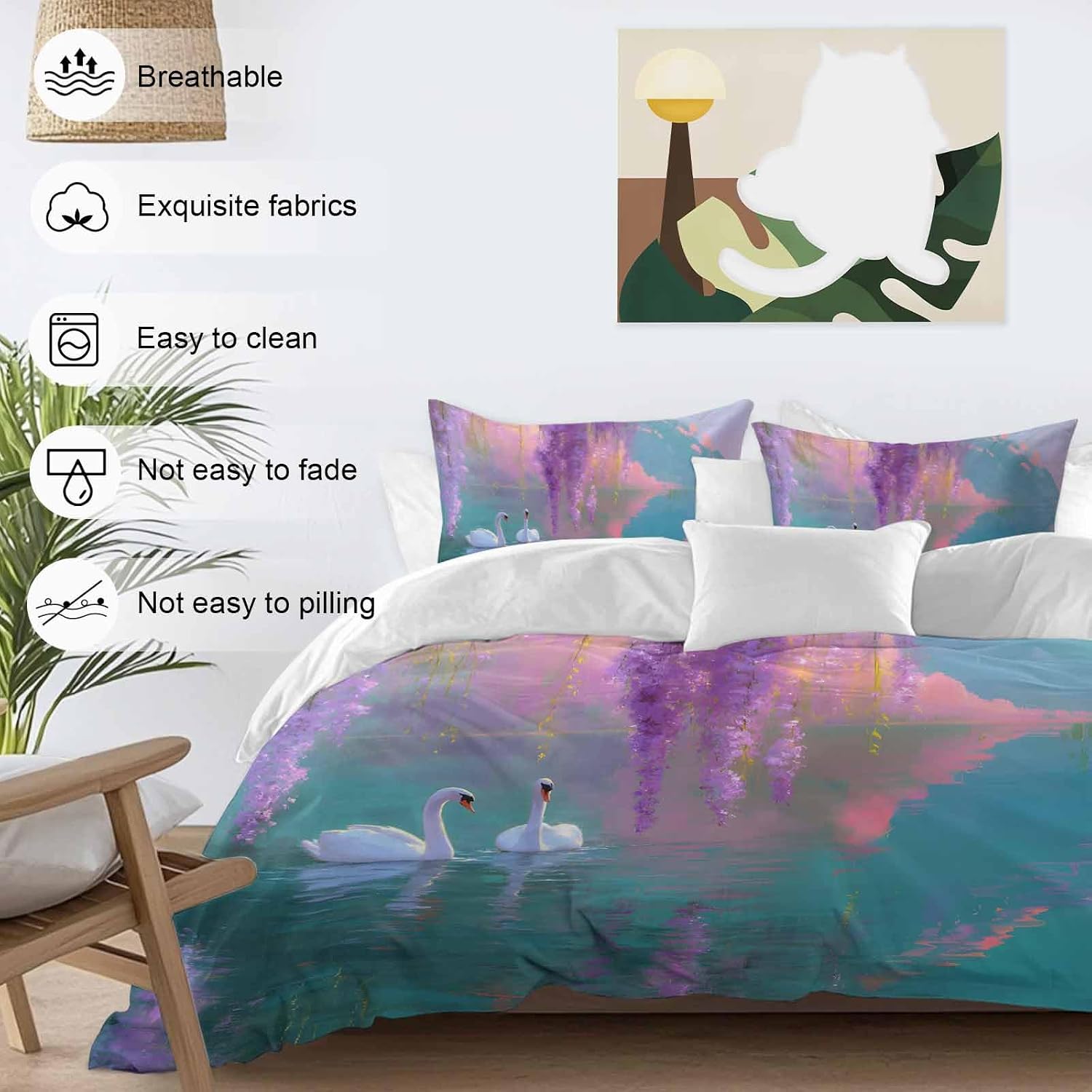 Swan Duvet Cover Set Queen Size 4 Pieces Oil Painting Spring Wisteria Gradient Pink Green Lake Bedding Set with Zipper Closure, 1 Comforter Cover 92x106 Inches 1 Flat Sheet & 2 Pillow Cases