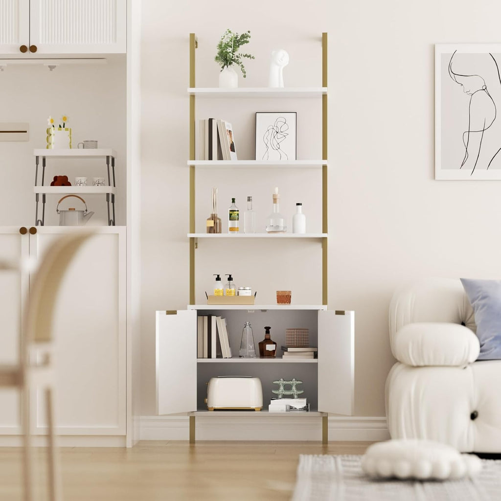 Halitaa Set of 2 White & Gold Ladder Shelf with Storage Cabinet, Modern Ladder Bookshelf with Doors, Wall Mount Bookcase with Metal Frame, Display Shelves for Living/Bed/Bathroom, Home Office