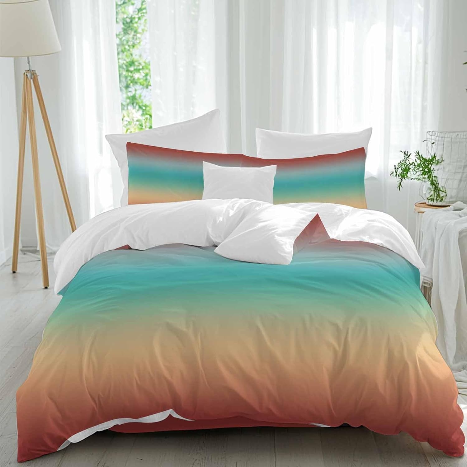 Bohemian Gradient Red Duvet Cover Set Queen Size 4 Pieces Modern Minimalist Green Yellow Ocean Beach Bedding Set with Zipper Closure, 1 Comforter Cover 92x106 Inches 1 Flat Sheet & 2 Pillow Cases