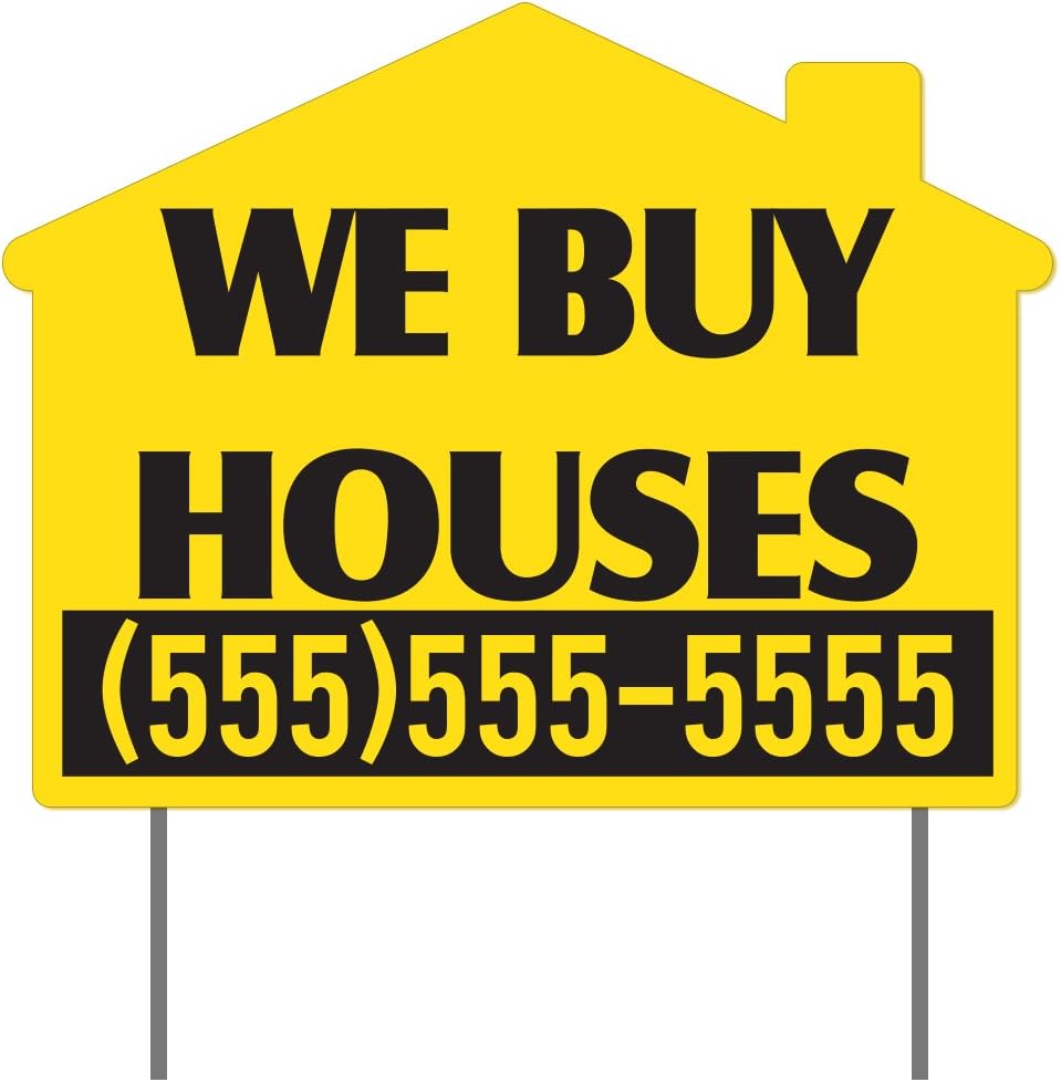 VictoryStore Custom We Buy Houses Yard Sign, 17x22 Inches Yellow Corrugated Plastic House Shaped Set of 50 Signs with Stakes