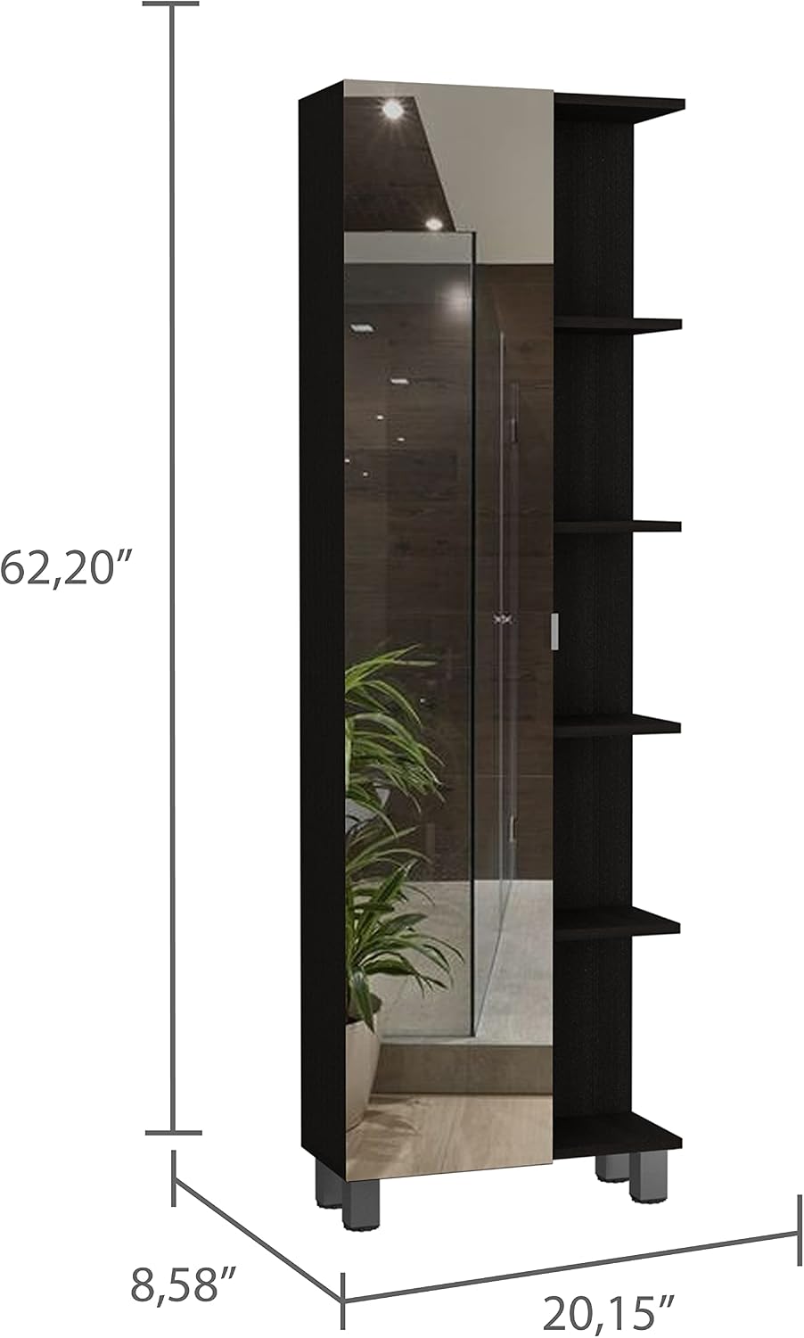 FM FURNITURE Los Angeles Mirror Linen Cabinet with 5 Open Shelves and 4 Inner Shelves, Black