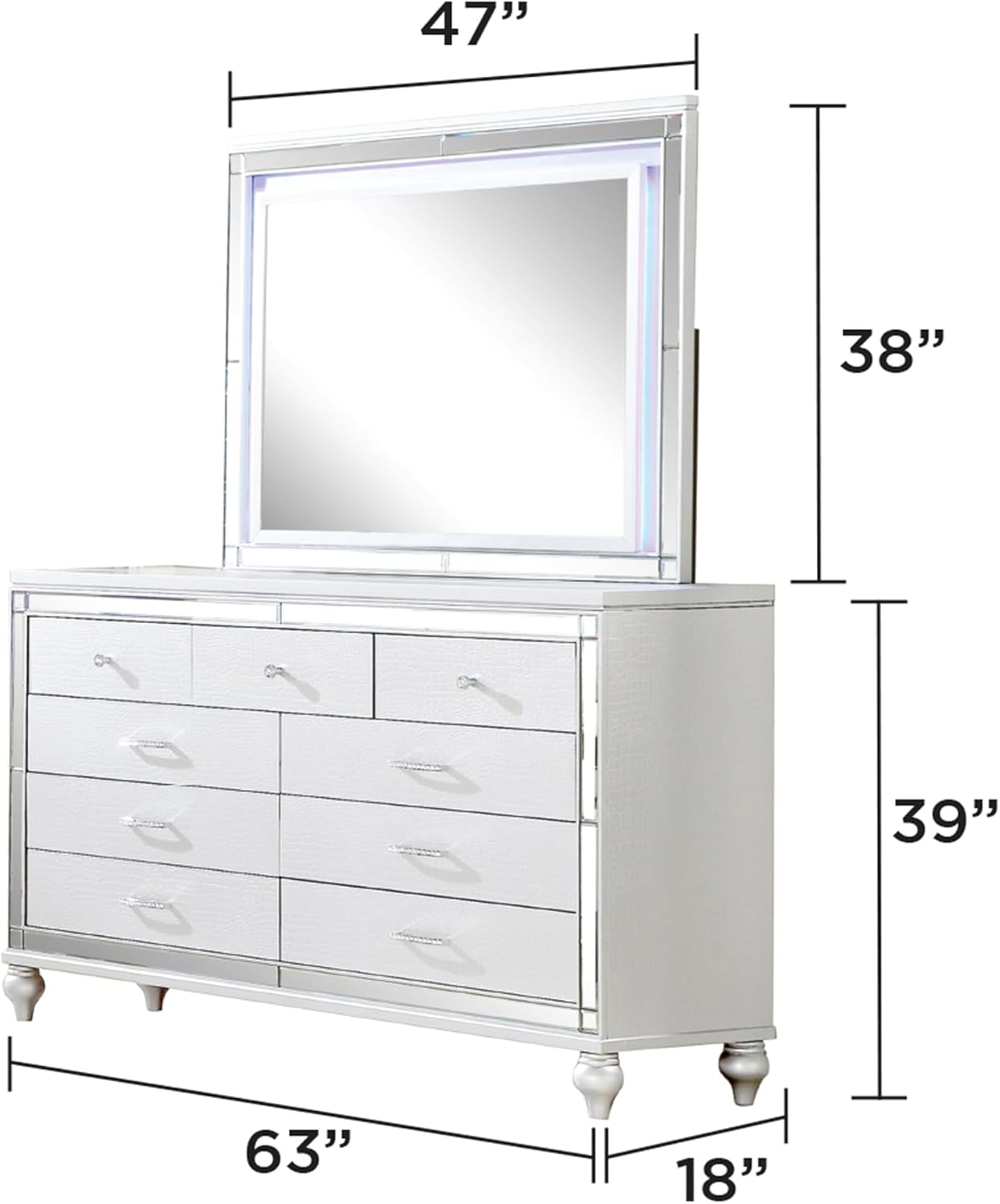 Full 4 PC LED Bedroom Set Made with Wood in Silver Color