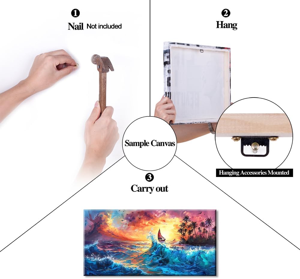 Piy Painting Sailboat Coconut Grove and Blue Waves Under the Sunset Oil Painting Style Wall Art Decor Artwork for Bedroom (30x60 Inches)