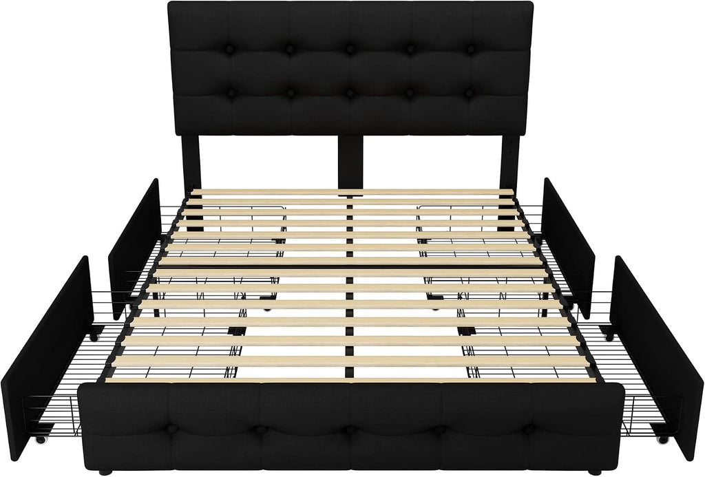 TTVIEW Full Size Bed Frame with 4 Storage Drawers and Adjustable Headboard, Upholstered Platform Bed with Button Tufted Design, Strong Wooden Slats Support, No Box Spring Needed, Black