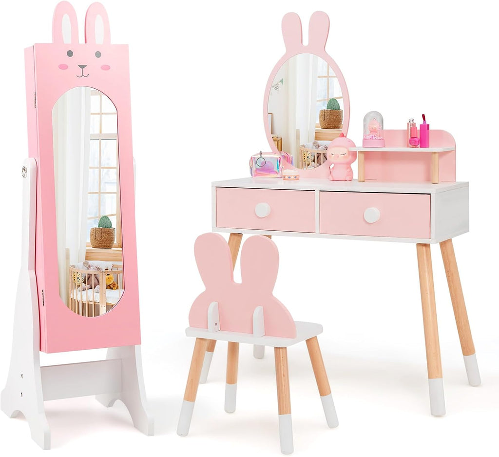 GLACER Kids Vanity & Jewelry Armoire, Princess Dressing Table and Chair Set, Wood Kids Dress Up Storage with Full-Length Mirror, 2 Adjustable Tilt Angles, Kids Bedroom Furniture Set for Girls (Pink)