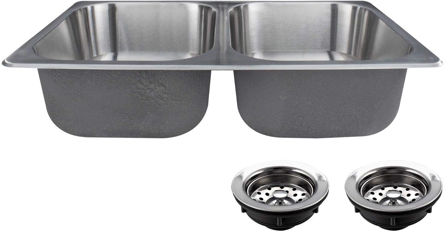 RecPro RV Double Bowl Kitchen Sink | 27' x 16 x 7' | Stainless Steel (With Strainers)