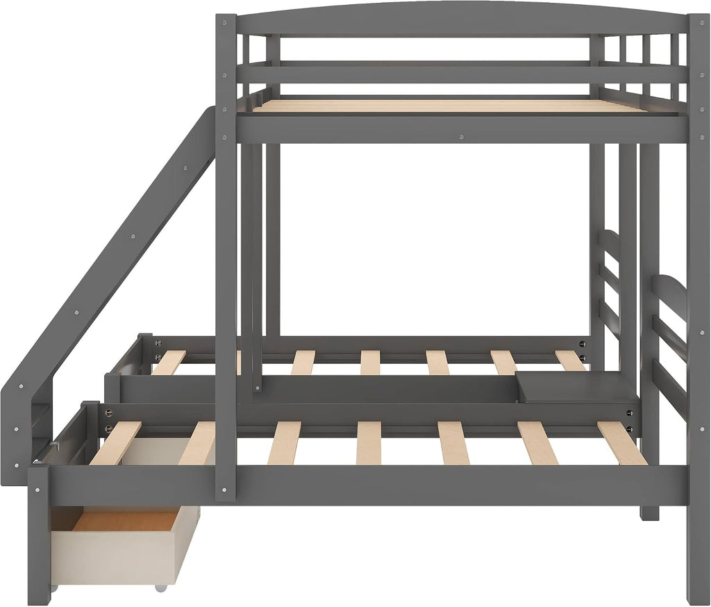 Wood Triple Bed Bunk Bed with 2 Storage Drawers, 3-in 1 Full Over Twin & Twin Bunk Bed Frame with Built-in Middle Drawer, Guardrail Ladder for Kids Teens Adults, Maximized Space Design (Grey-full)