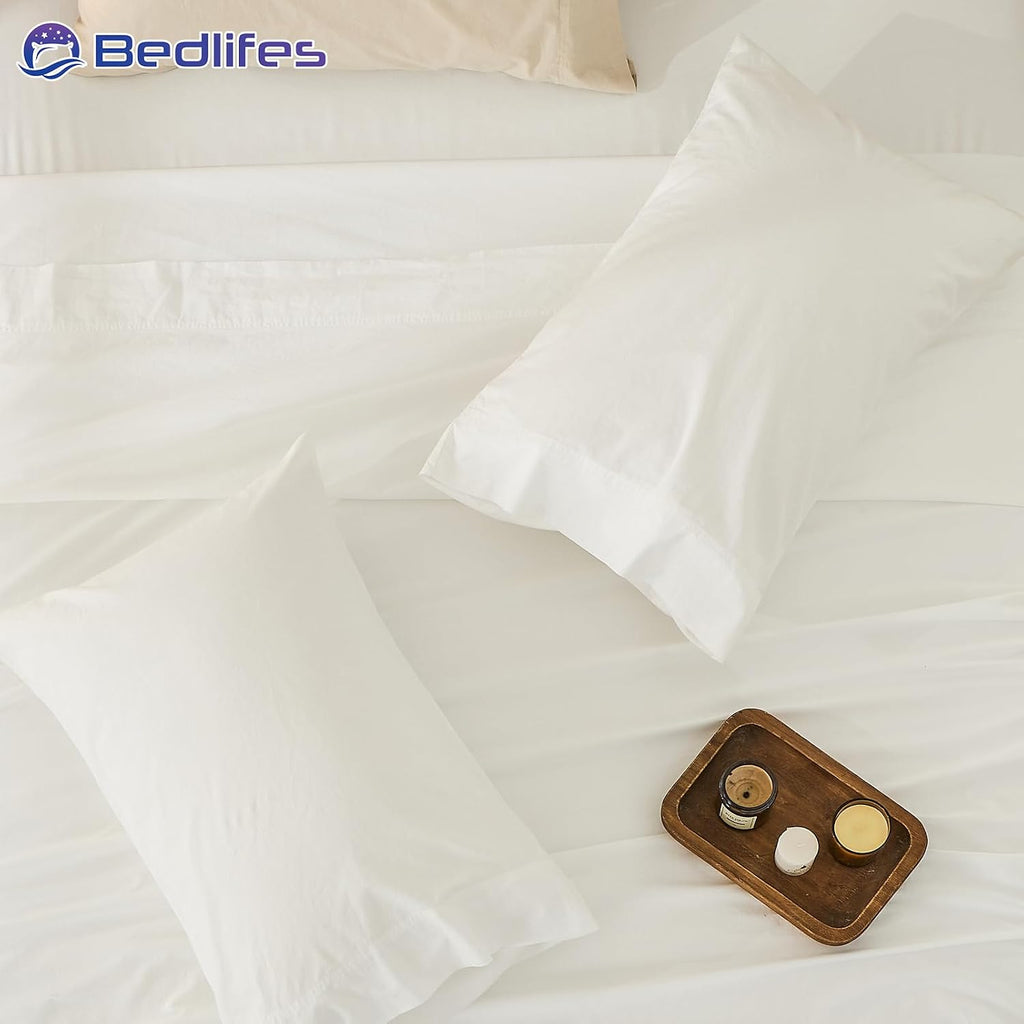 Bedlifes 100% French Pure Linen Sheets Queen Size Breathable and Cooling Flax Sheet Set Soft Durable and Moisture Wicking 16 Inch Deep Pocket-4 Piece(Queen,White)