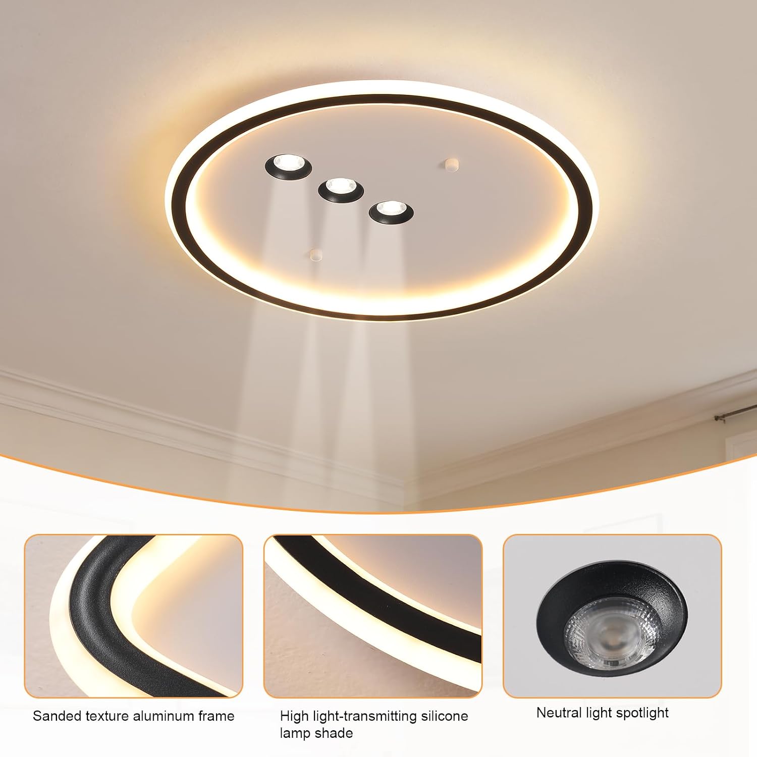 Shine LUEST Modern Round LED Flush Mount Ceiling Light with Black Finish & 3 Adjustable Spotlights, Dimmable Soft Glow Ceiling Lighting for Living Room Bedroom Hallway